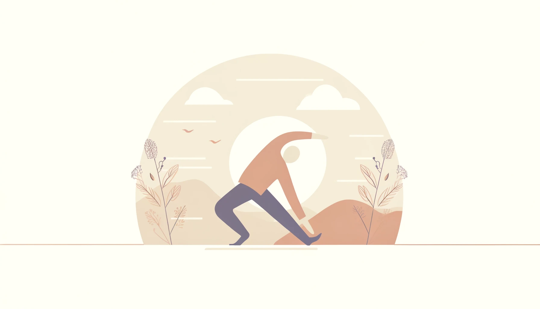 A simple, wide illustration for a blog header, depicting the concept of 'The Importance of Stretching'. The image should feature a person of ambiguous gender, performing a stretching exercise, such as touching their toes or stretching their arms. The setting should be minimalistic with soft, calming colors to reflect the relaxing nature of stretching. This illustration should clearly represent the theme of stretching in a clear and visually appealing manner.