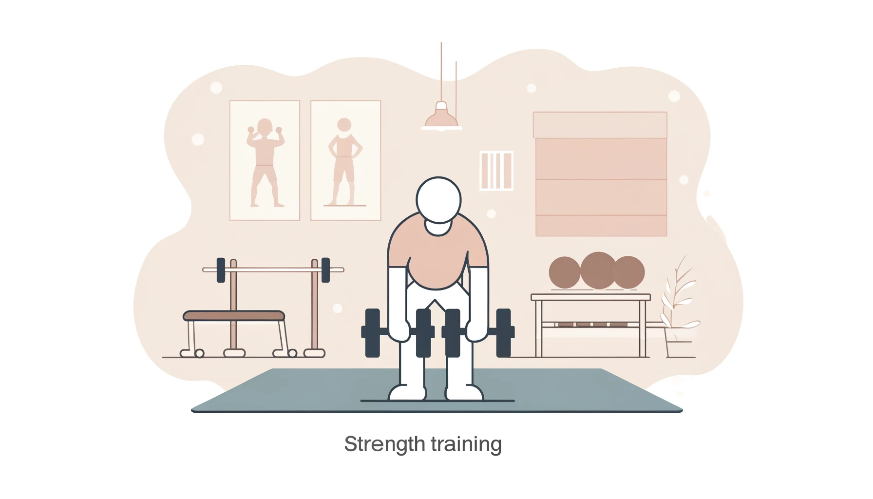 A simple, wide illustration for a blog header, depicting the theme 'Strength Training for Beginners'. The image should feature a person of ambiguous gender, possibly a novice, engaging in a basic strength training exercise such as lifting light dumbbells. The setting should be a gym, portrayed in a simplified manner with minimalistic design and soft colors, making it welcoming and non-intimidating for beginners. The illustration should clearly communicate the concept of starting strength training in a beginner-friendly environment.