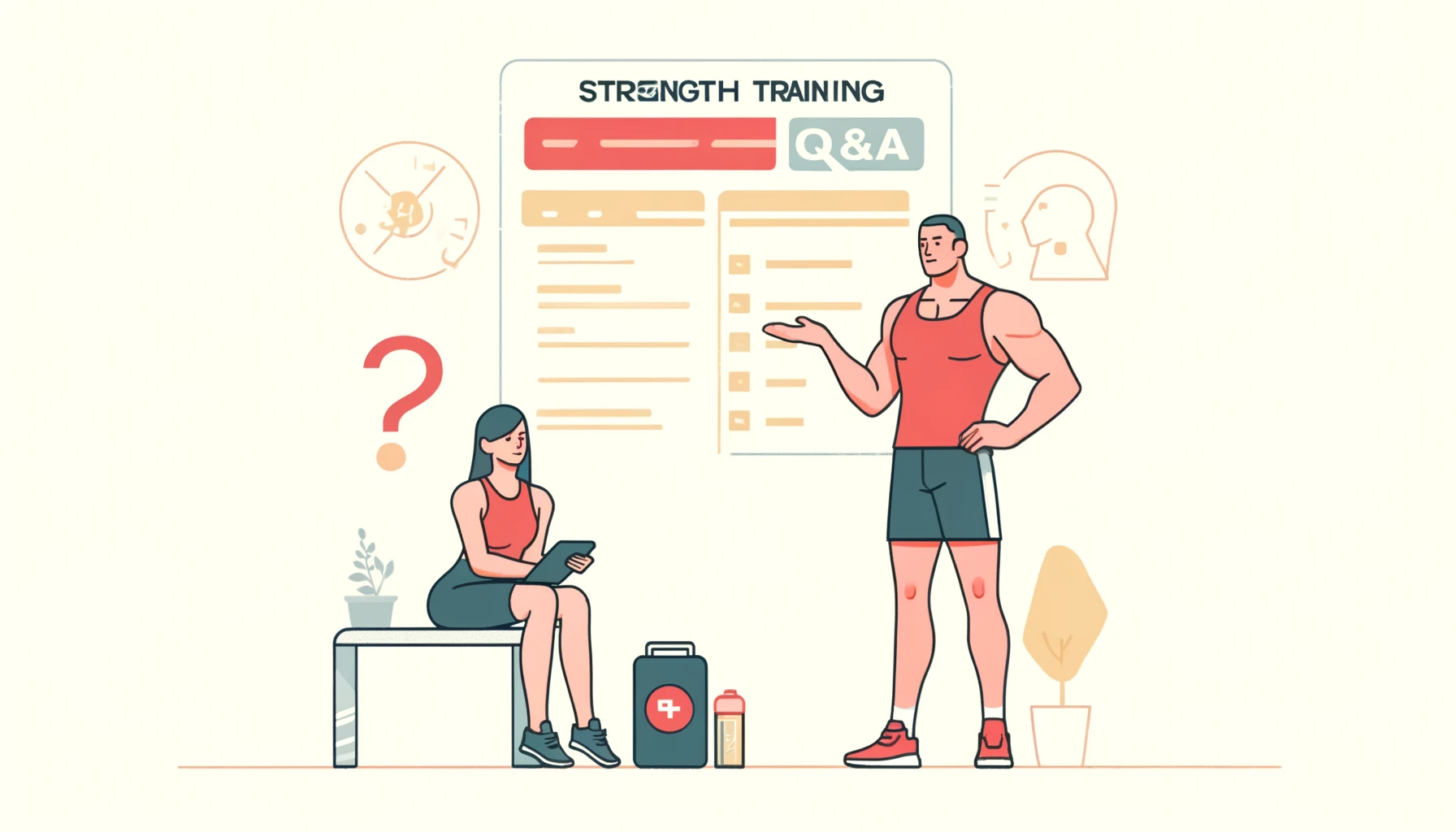 A simple, wide illustration for a blog header, depicting the theme 'Strength Training Q&A'. The image should feature two characters of ambiguous gender: one appears as a beginner asking questions, and the other as a fitness trainer answering. They should be in a gym setting, with the beginner holding a notebook or digital device for notes, and the trainer gesturing as if explaining. The illustration should be minimalistic with clear, engaging colors that highlight the interactive and informative nature of the scene.