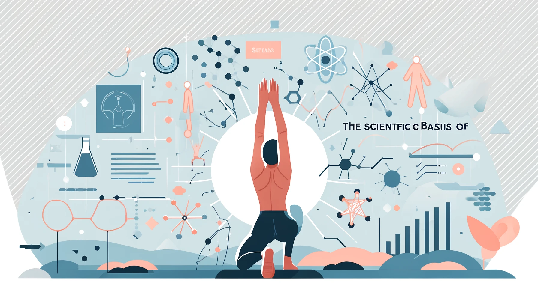 A simple, wide illustration for a blog header, depicting the concept of 'The Scientific Basis of Stretching'. The image should feature a person of ambiguous gender, performing a stretching exercise while surrounded by visual elements like graphs or molecular structures to symbolize scientific concepts. The setting should be minimalistic with a focus on clarity and scientific themes, using light and modern colors to enhance the educational aspect of stretching.
