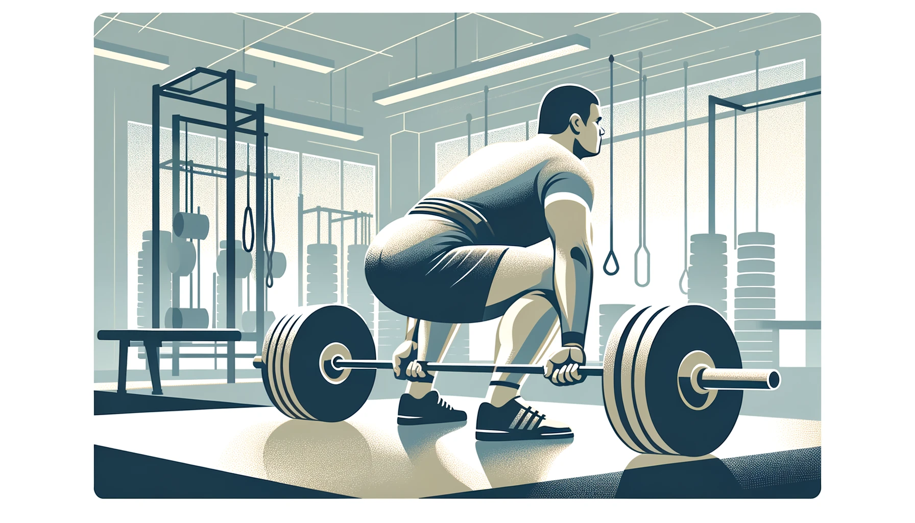 A simple, wide illustration for a blog header, depicting the theme 'Advanced Techniques for Experienced Weightlifters'. The image should feature a person of ambiguous gender, appearing as an experienced athlete, performing a complex weightlifting maneuver such as a deadlift or squat with heavy weights. The setting should be a professional gym environment, rendered in a minimalistic style with subtle, motivating colors to convey a sense of advanced training. The illustration should emphasize the sophistication and intensity of high-level strength training.