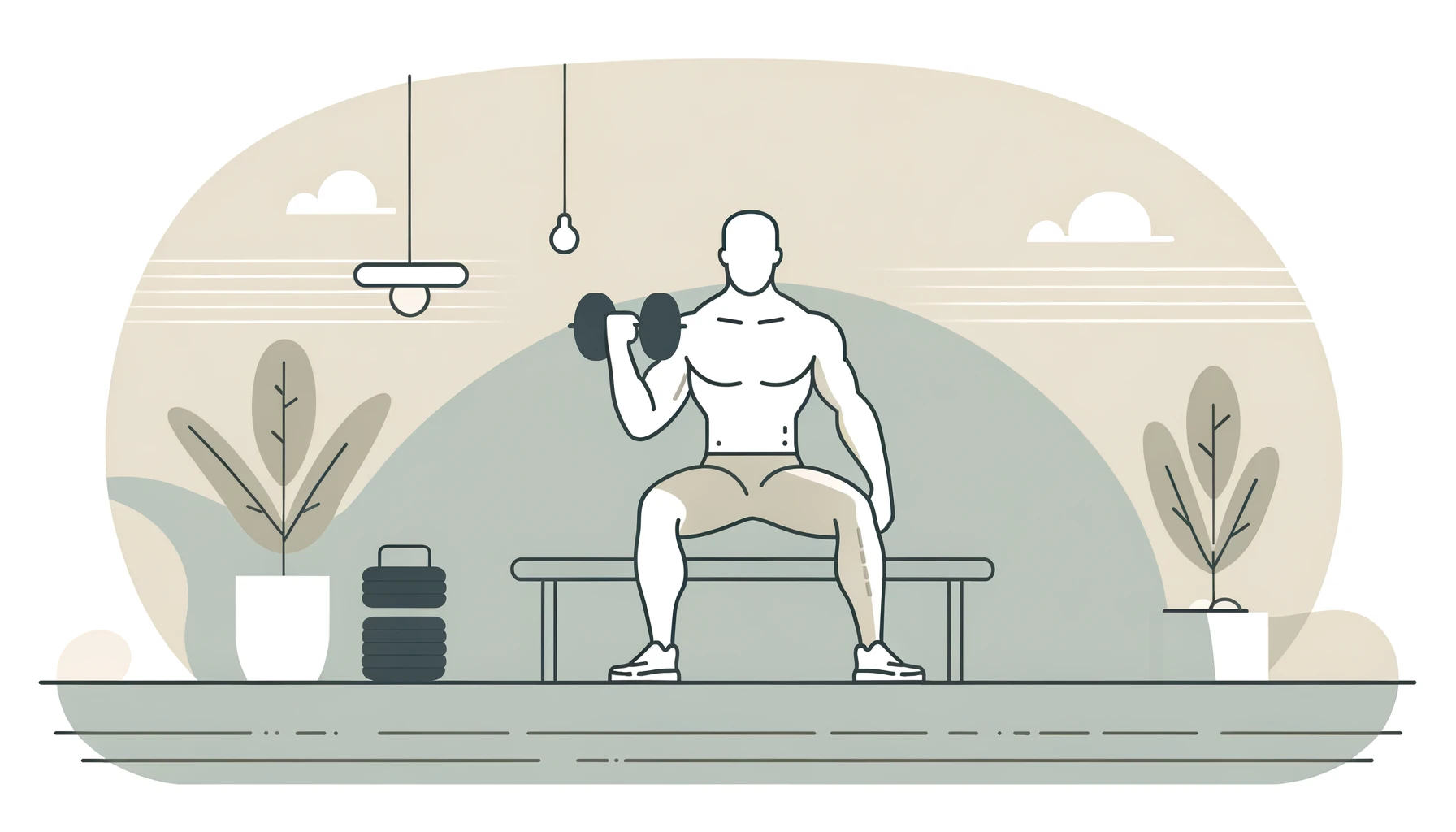 A simple, wide illustration suitable for a blog header, depicting the concept of 'Basic Strength Training'. The image should feature a person of ambiguous gender, with a medium build, performing a basic dumbbell exercise. The setting is a gym, with minimalistic details and light colors to keep the focus on the exercise. This illustration should visually represent the foundational aspects of strength training in a clear and straightforward manner.